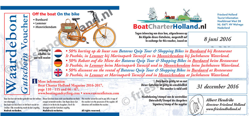 Huurders die een boot hebben geboekt bij een lid van Boat Charter Holland kunnen op vertoon van hun Profit Voucher voordelig van Burdaard en Lemmer en wijde omgeving genieten.