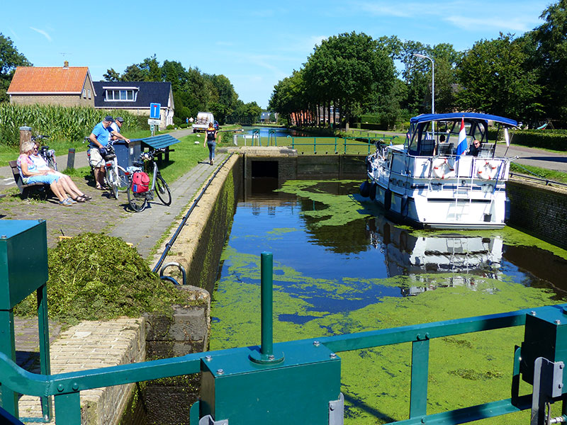 De groene sluizen van Lippenhuizen en Wijnjeterp. Sluiswachters hengelen de waterplanten uit de kolk. Fotografie: Jana Hendriks, Friesland Holland Nieuwsdienst